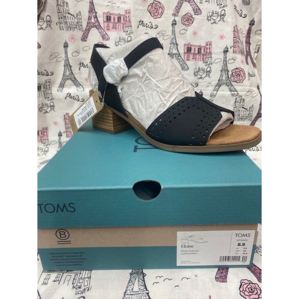 TOMS Eloise Black Nubuck Leather Perf Block Heel Sandals 10023146 Womens 8.5 NEW